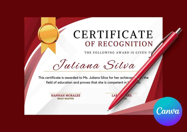 Certificate-Red White and Gold Modern School Certificate Digital Download File, Edited on Canva